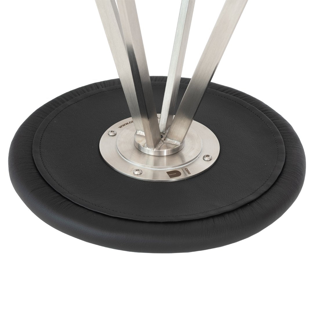Black leather base with silver metal accents and a sleek, modern design. Ideal for contemporary decor.