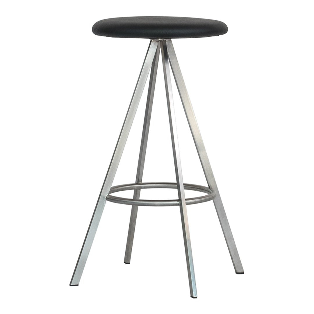 Black padded seat with a sleek silver metal base, featuring a minimalist triangular leg design. Perfect for modern spaces.
