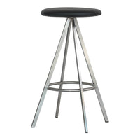 Black padded seat with a sleek silver metal base, featuring a minimalist triangular leg design. Perfect for modern spaces.