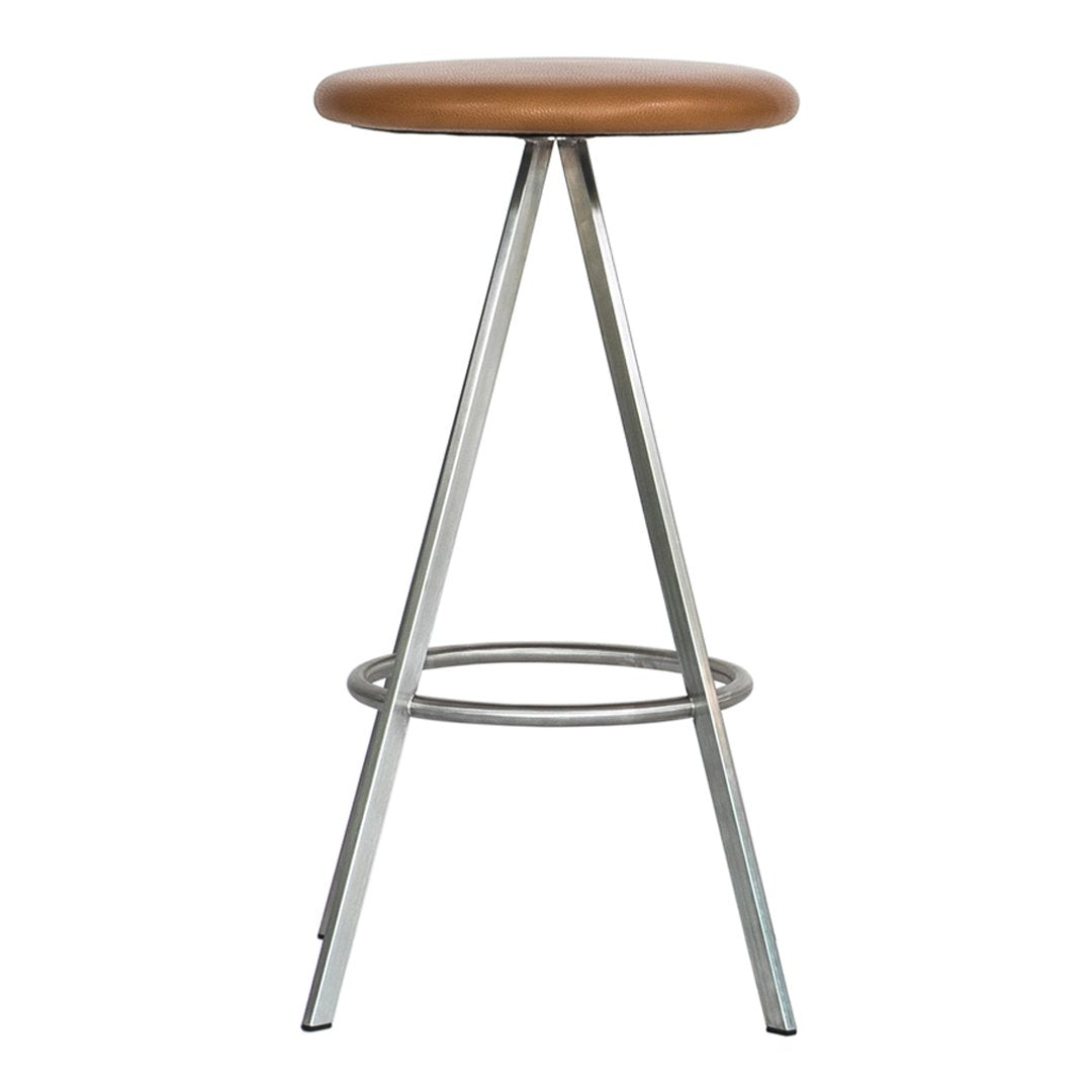 Brown wooden bar stool seat with sleek silver metal legs, featuring a minimalist design. Perfect for modern decor.