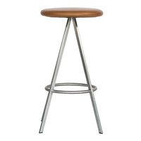 Brown wooden bar stool seat with sleek silver metal legs, featuring a minimalist design. Perfect for modern decor.