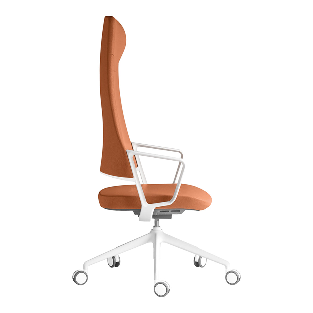 Modern high-back chair in warm terracotta upholstery and sleek white base, featuring a minimalist design.