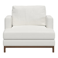 Modern white upholstered armchair with clean lines and a subtle textured pattern, featuring a wooden base.