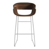 Brown velvet bar stool with a sleek chrome frame and streamlined design, perfect for modern decor.