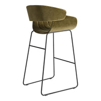 Olive green velvet bar stool with a sleek black metal frame and minimalist design. Ideal for modern interiors.