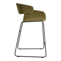 Olive green upholstered chair with sleek black metal legs, featuring a modern, minimalist design.