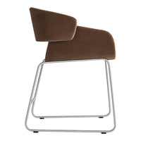 Brown upholstered chair with a sleek silver metal base, featuring a modern, minimalist design.