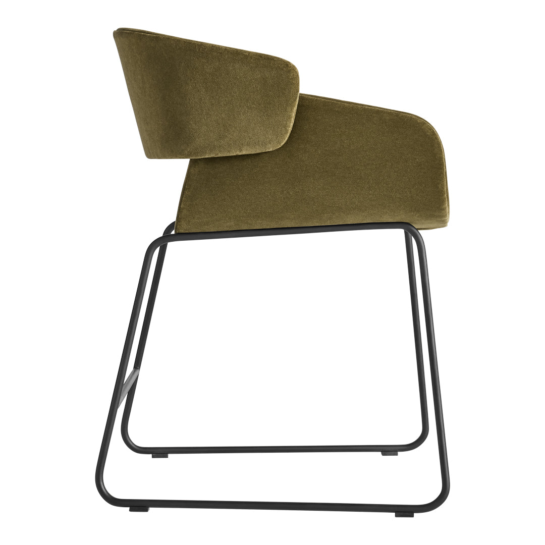 Stylish olive green chair with a modern design, featuring a sleek black metal frame. Perfect for contemporary decor.