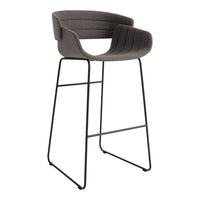 Gray upholstered bar stool with a ribbed pattern and sleek black metal frame.