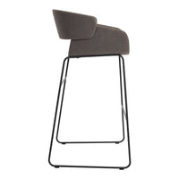 Gray upholstered bar stool with sleek black metal frame, featuring a modern design and minimalist style.
