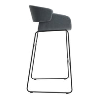 Gray upholstered bar stool with sleek black metal legs, featuring a modern, minimalist design. Perfect for contemporary spaces.