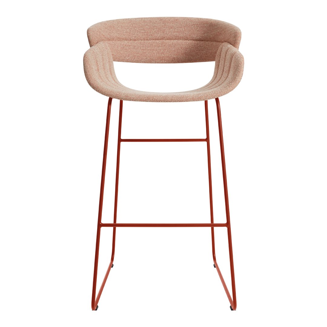 Beige padded bar stool with textured upholstery and contrasting rust-colored metal legs. Elegant and modern design.
