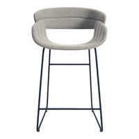 Gray upholstered bar stool with a curved design and black metal legs, featuring subtle textured patterns.