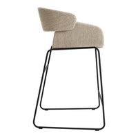 Beige upholstered bar stool with a sleek black metal frame and curved armrest design. Modern and stylish accent piece.