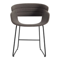 Gray upholstered chair with ribbed pattern and sleek black metal legs. Ideal for modern decor.
