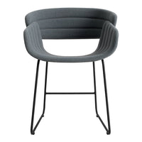 Gray upholstered chair with ribbed pattern and sleek black metal legs. Modern and stylish design for any space.