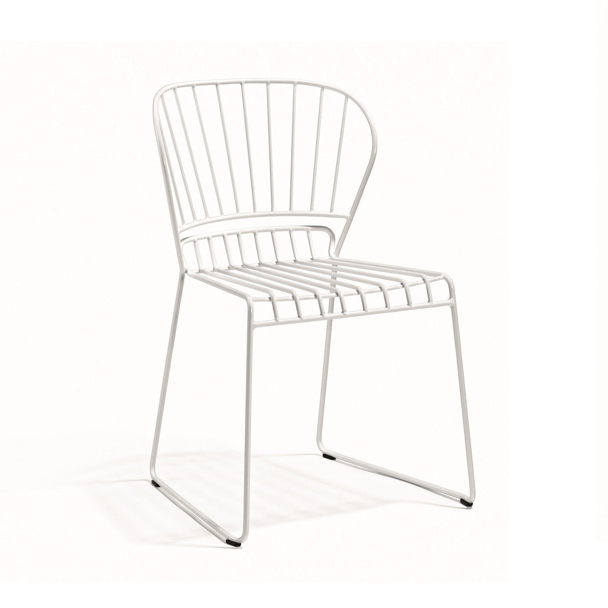 White metal chair with a sleek, minimalist design featuring a striped backrest and smooth legs. Ideal for modern decor.