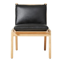 Stylish chair with a sleek black leather cushion and natural wooden frame, blending modern design with comfort.