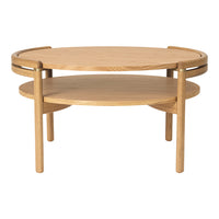 Round oak coffee table with a smooth light wood finish and natural wood grain pattern.