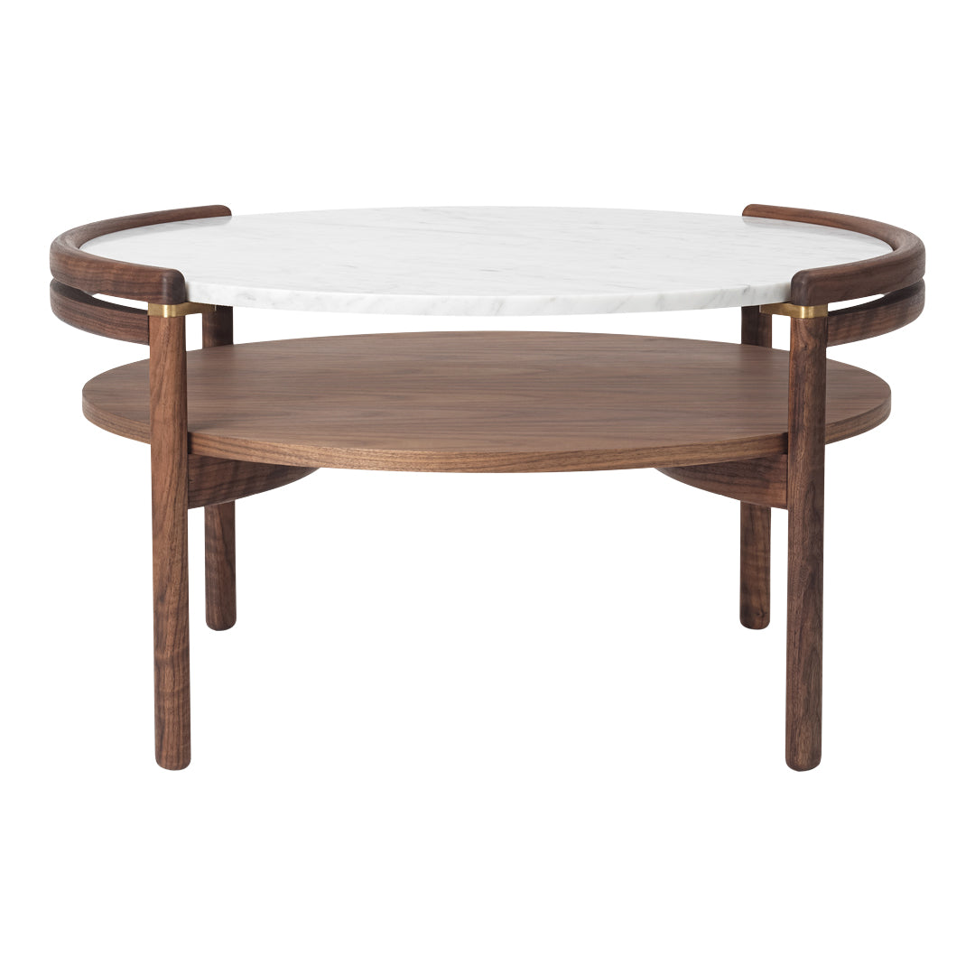 Modern round coffee table with a white marble top and walnut base, featuring smooth wood grain and clean lines.