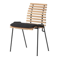 Light wood slats and black cushion on a sleek metal frame, offering a modern, minimalist design.