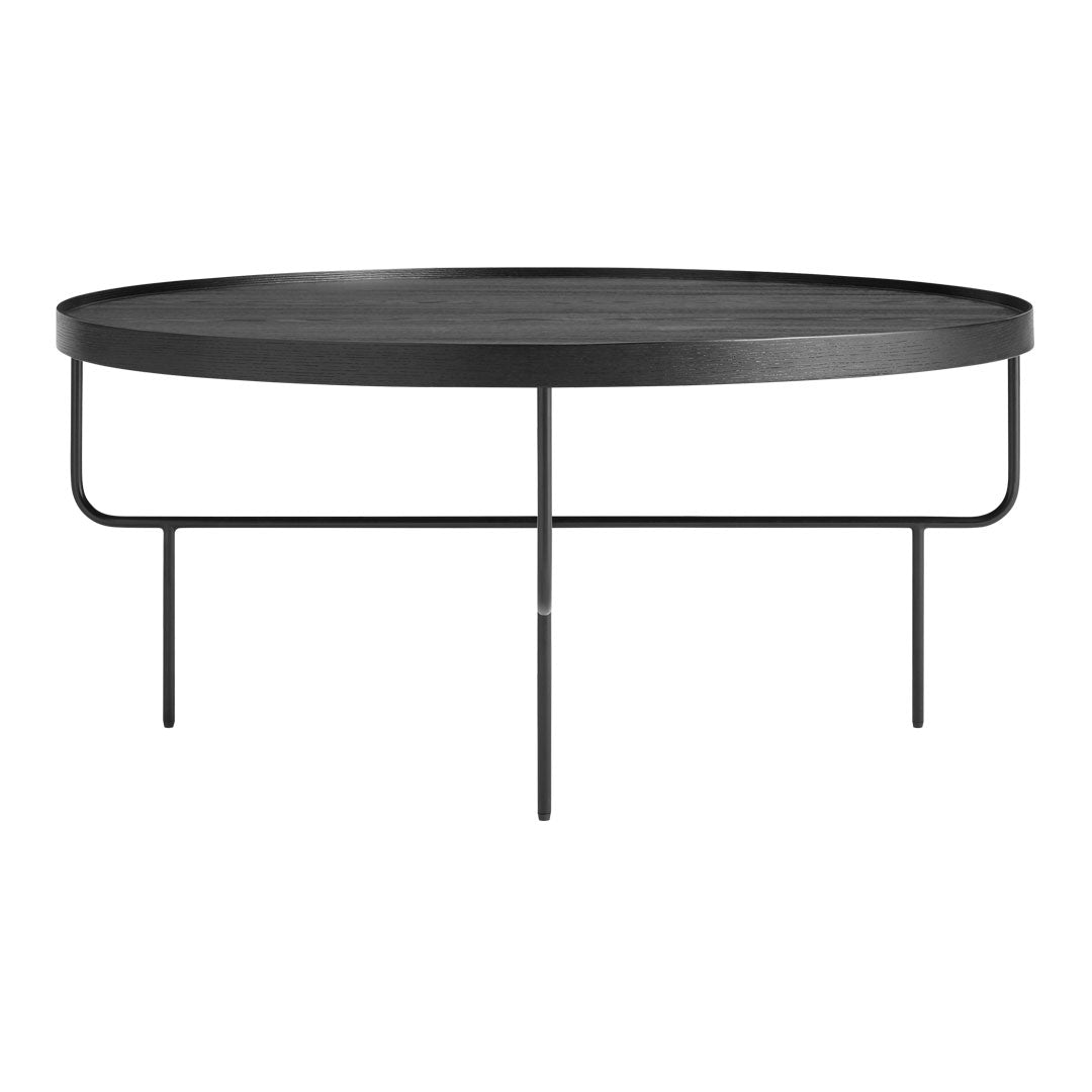 Round black coffee table with a sleek, matte finish and minimalist black metal legs, ideal for modern decor.