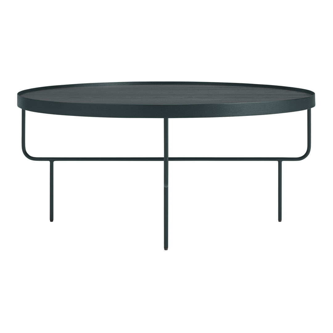 Black round coffee table with a minimalist design and sleek metal legs, showcasing a modern, understated aesthetic.