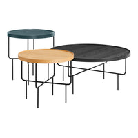 Set of three modern round coffee tables in teal, natural wood, and black, featuring sleek metal legs and minimalist design.