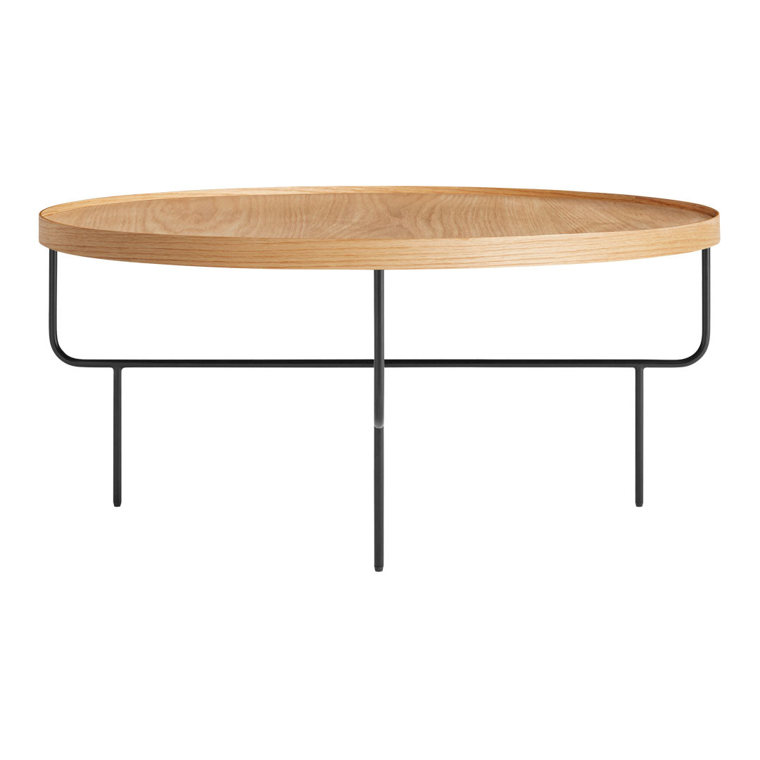Natural wood round tabletop with a sleek black metal frame, featuring a minimalist design and smooth finish.
