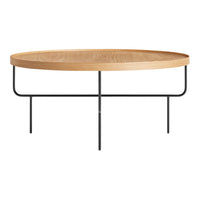 Natural wood round tabletop with a sleek black metal frame, featuring a minimalist design and smooth finish.