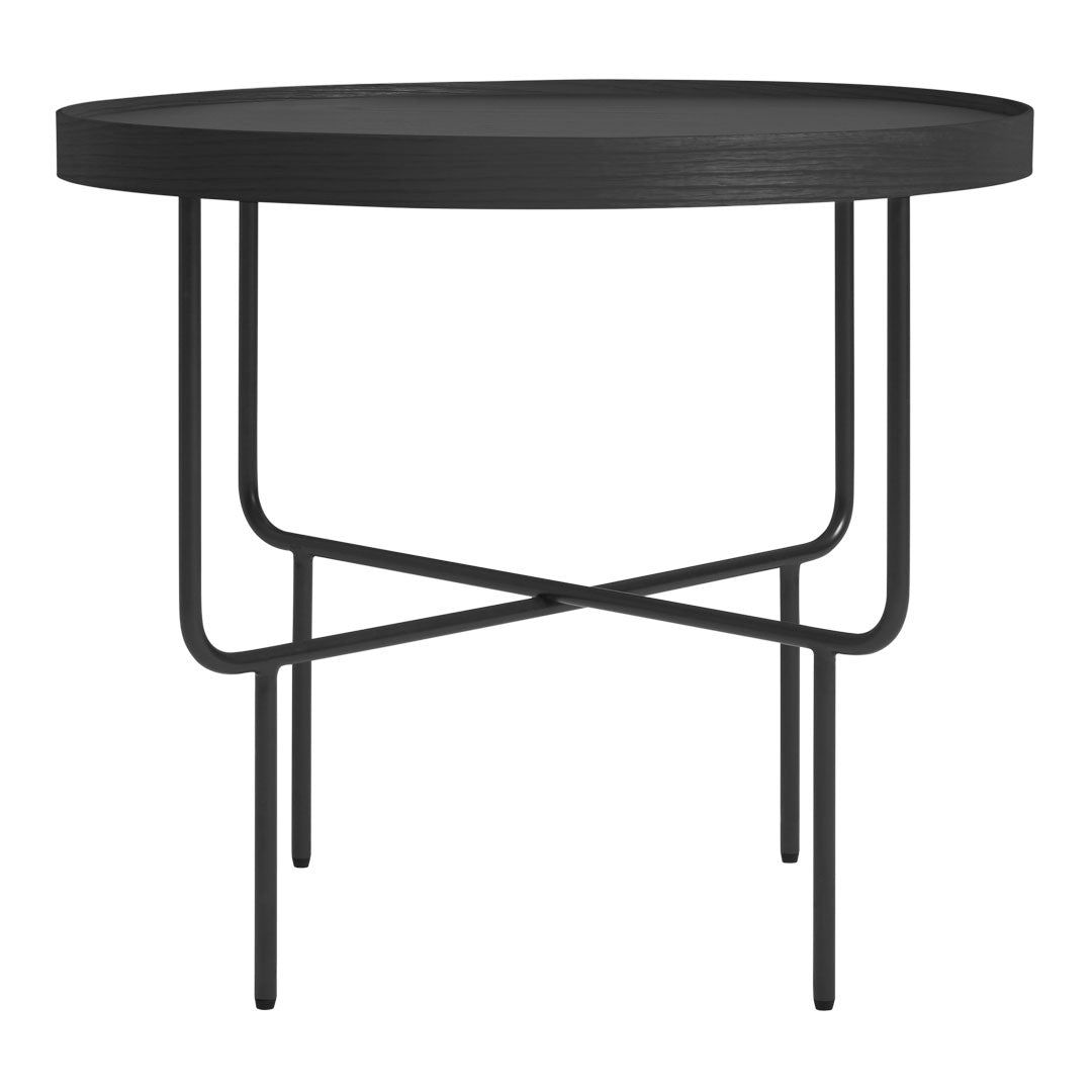 Black round side table with simple, modern design and sleek metal legs. Ideal for minimalist decor.