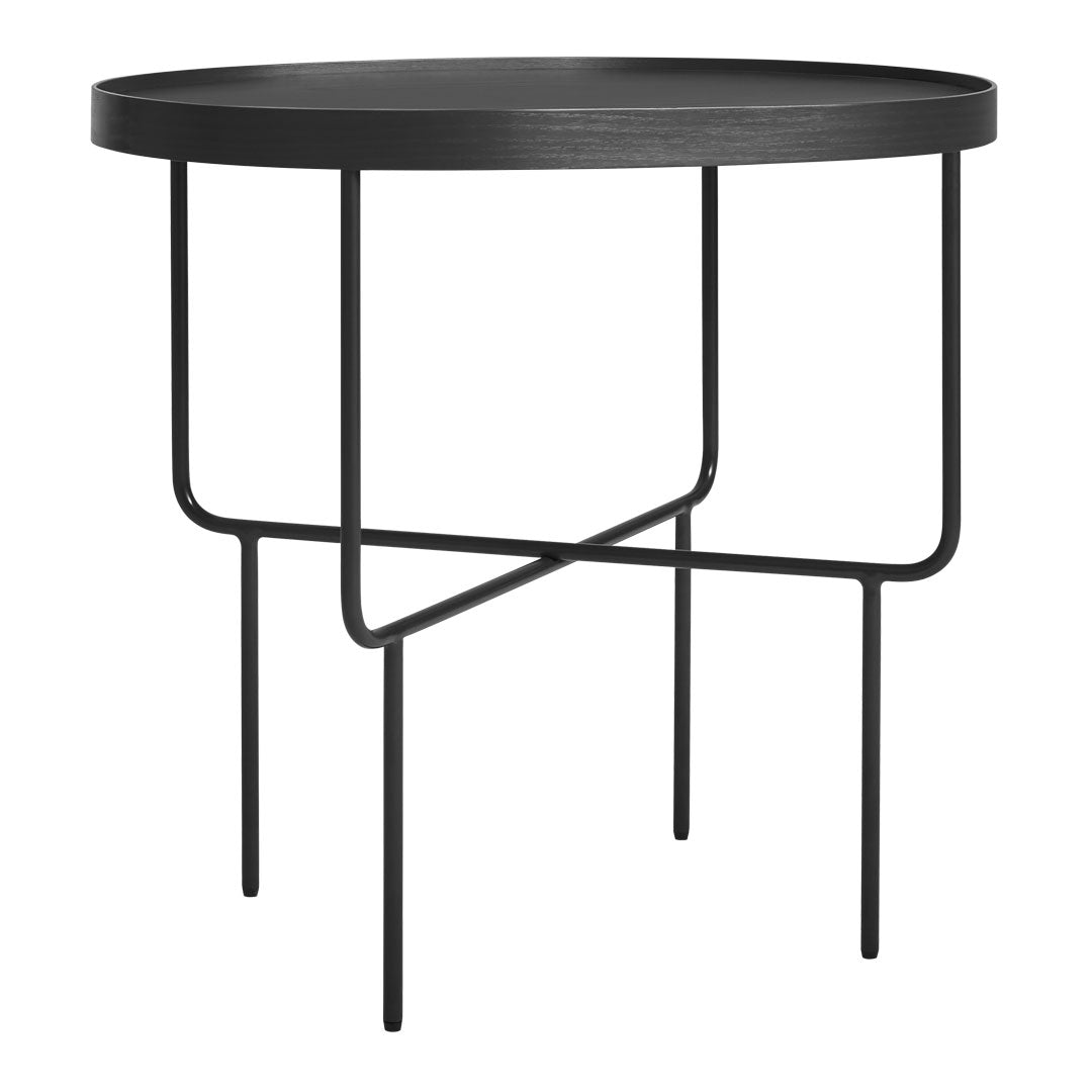 Black round side table with a minimalist design and sleek metal legs. Elegant and modern accent for any space.