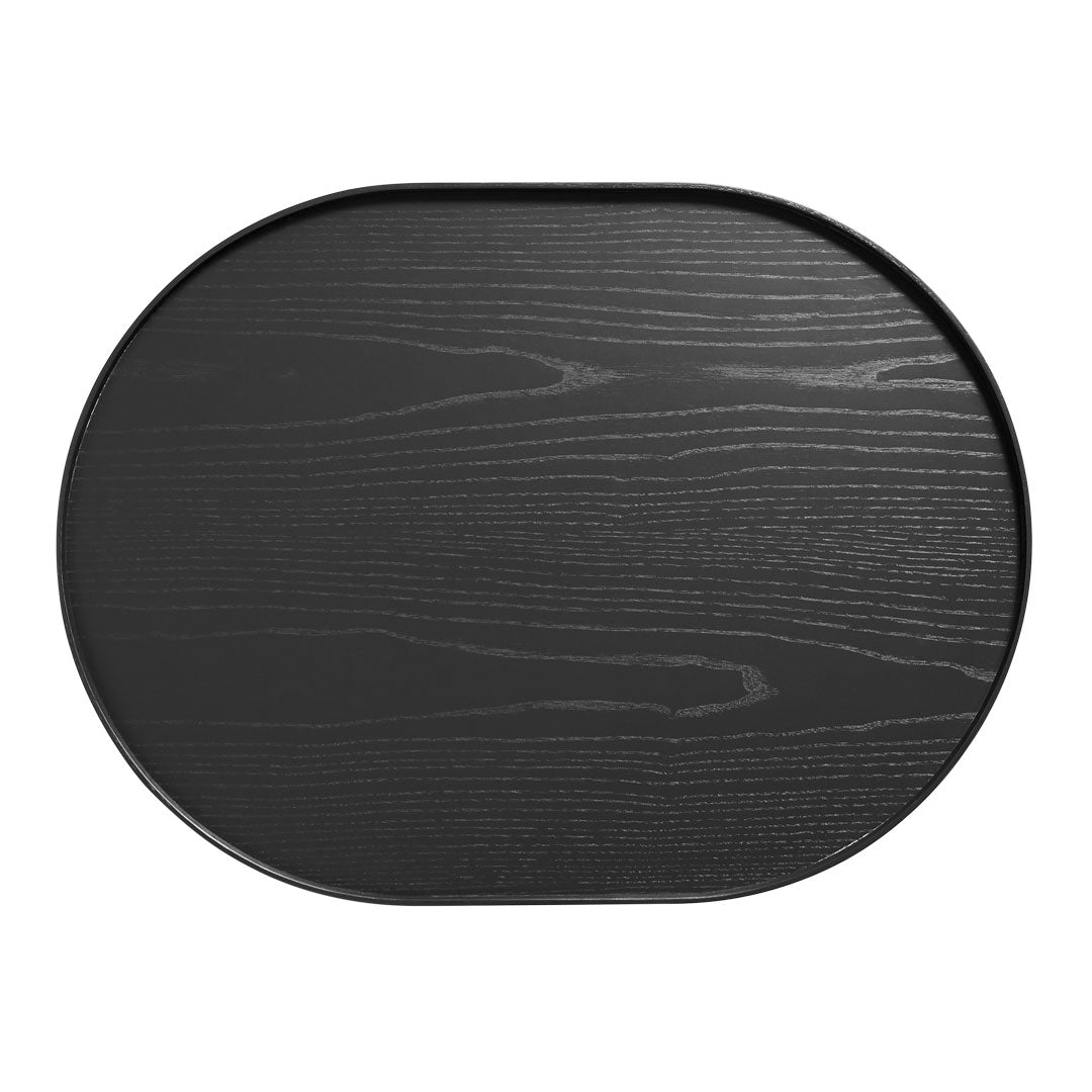 Black oval tray featuring a smooth wood grain pattern and a sleek, minimalist design. Perfect for modern decor.