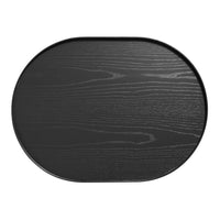 Black oval tray featuring a smooth wood grain pattern and a sleek, minimalist design. Perfect for modern decor.