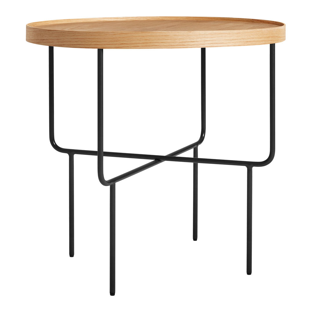 Round wooden top with natural oak finish and sleek black metal legs, featuring a minimalist design.