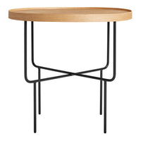 Natural wood top with a warm oak finish and sleek black metal legs, featuring a minimalist design.