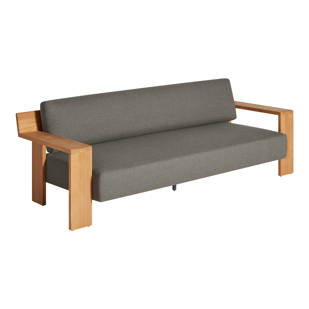 Gray fabric sofa with solid wood armrests, featuring a minimalist design and smooth, clean lines.