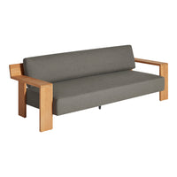 Gray fabric sofa with solid wood armrests, featuring a minimalist design and smooth, clean lines.