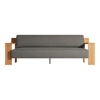 Gray upholstered sofa with light wood accents and minimalist design. Perfect for modern interiors.