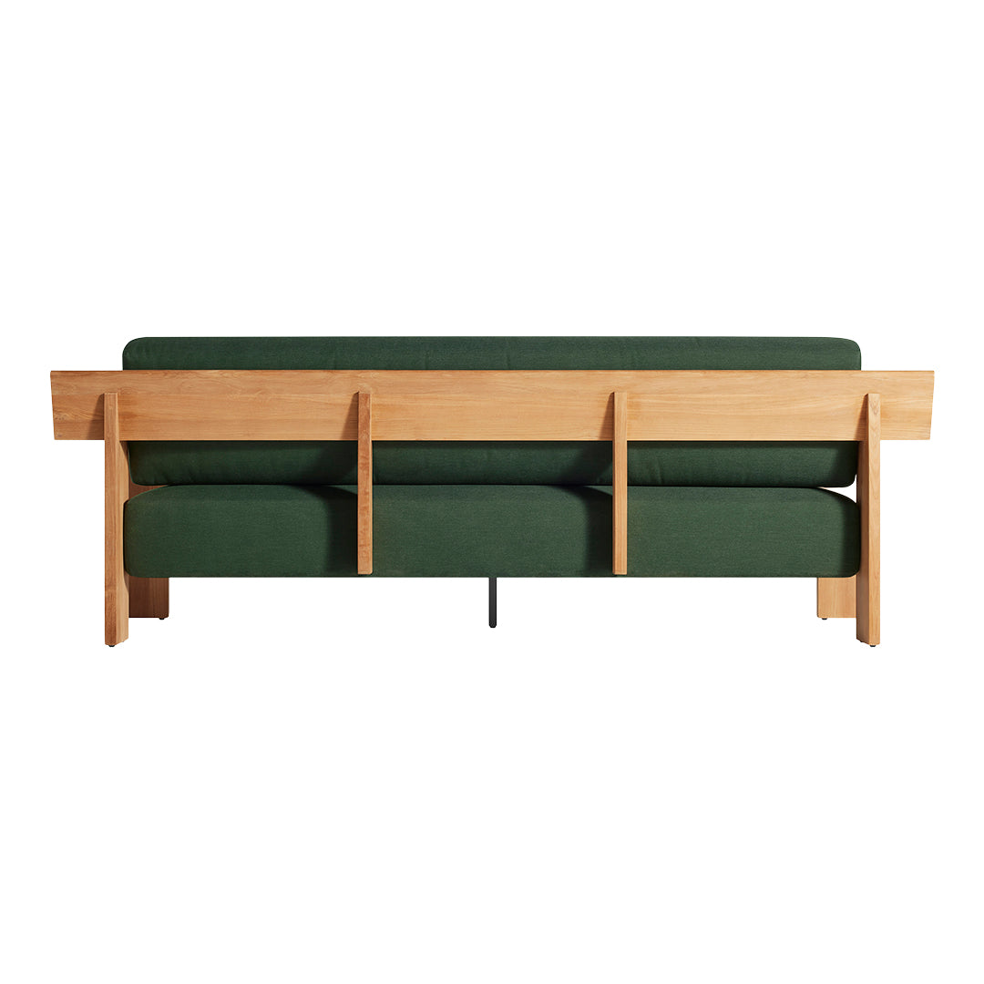 Modern green sofa with a wooden frame, featuring clean lines and minimalistic design. Perfect for stylish interiors.