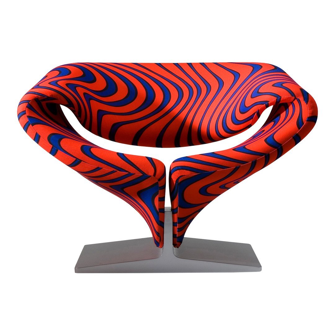 Vibrant red and blue swirling pattern chair with modern design and sleek base. Perfect for stylish interiors.