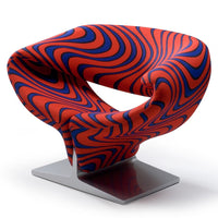 Red and blue swirling pattern chair with a sleek metallic base, perfect for a modern decor.