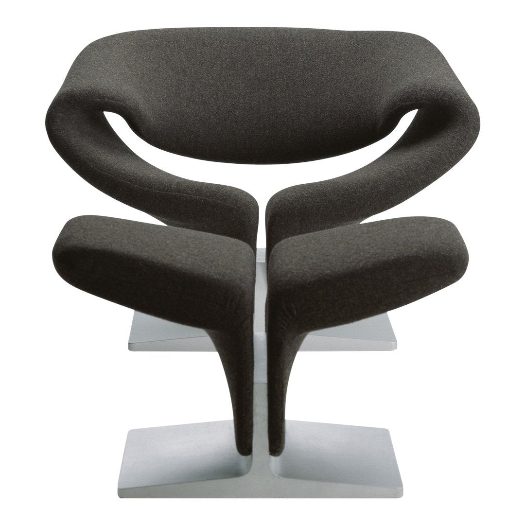 Stylish dark gray upholstered chair with unique ergonomic design and sleek silver base, perfect for modern decor.