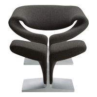 Stylish dark gray upholstered chair with unique ergonomic design and sleek silver base, perfect for modern decor.