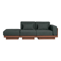 Contemporary dark gray fabric sofa with clean lines and a warm wooden base, perfect for modern living spaces.