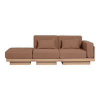 Brown upholstered sofa with simple, modern lines and matching cushions on a wooden base. Perfect for contemporary decor.