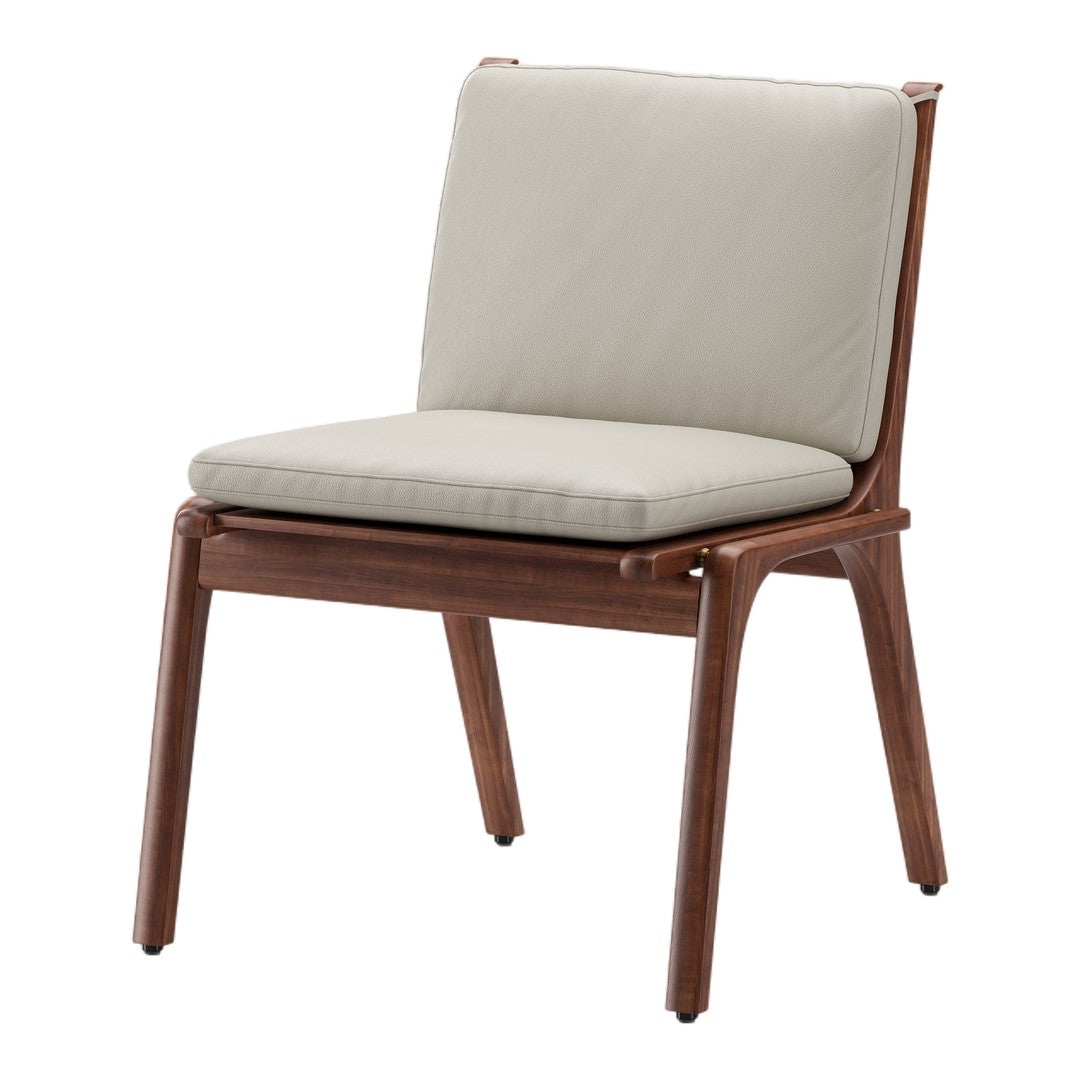 Beige upholstered chair with a sleek, dark walnut frame, featuring a minimalist design and clean lines.