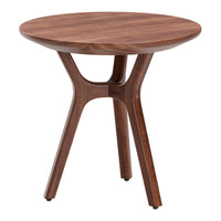 Round wooden table in rich walnut finish with smooth surface and clean, modern lines. Ideal for stylish decor.