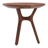 Round walnut wood table with a smooth finish and elegant, modern design, featuring a natural wood grain pattern.