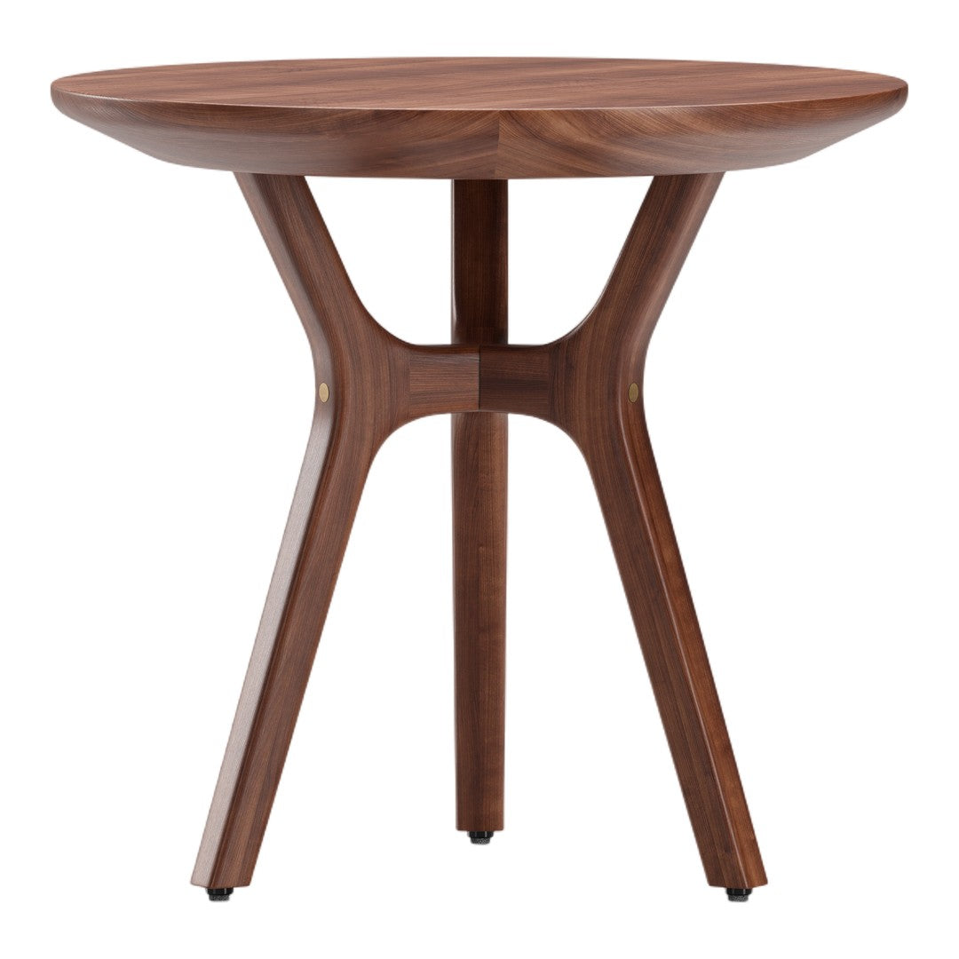 Round walnut side table with a smooth finish and modern, elegant pattern. Perfect for contemporary decor.